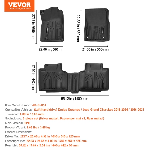 VEVOR Automotive Floor Mats, Fits for Dodge Durango / Jeep Grand Cherokee 2016-2024 / 2016-2021, 3 pcs Front and 2nd Row Liners, All Weather Custom
