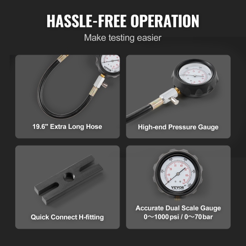 VEVOR Diesel Engine Compression Tester, 18 pcs Cylinder Pressure Test Tool Kit, with 0-1000 psi Gauge and Adapters, Diesel Injector Tester Check