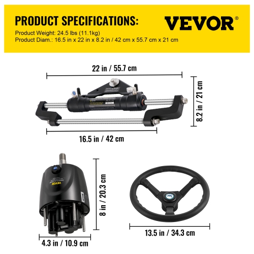 VEVOR Hydraulic Outboard Steering Kit, 300HP Helm Pump, 16 ft Hydraulic Nylon Hose, 13.5" Steering Wheel, Aluminum Alloy Hydraulic Boat Steering