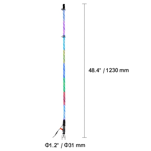 VEVOR 1 PC 4 FT Whip Light, APP & RF Remote Control Led Whip Light, Waterproof 360°Spiral RGB Chasing Lighted Whips with 2 Flags, for UTVs, ATVs,