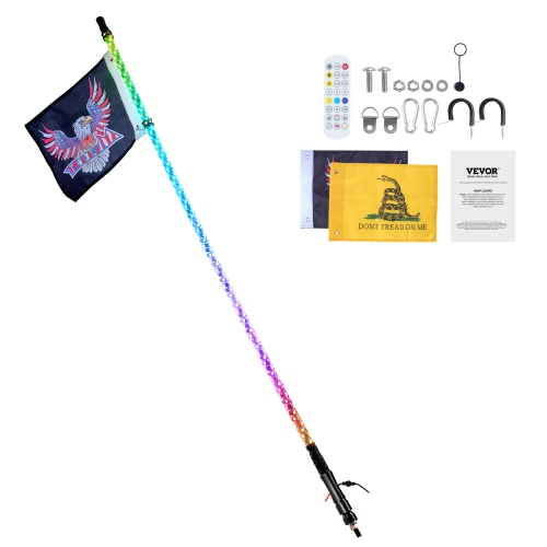 VEVOR 1 PC 4 FT Whip Light, APP & RF Remote Control Led Whip Light, Waterproof 360°Spiral RGB Chasing Lighted Whips with 2 Flags, for UTVs, ATVs,