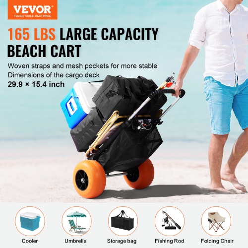 VEVOR Beach Dolly with Big Wheels for Sand, 29.9" x 15.4" Cargo Deck, w/ 12" Solid Wheels, 165LBS Loading Capacity Folding Sand Cart & 27" to 44.7"