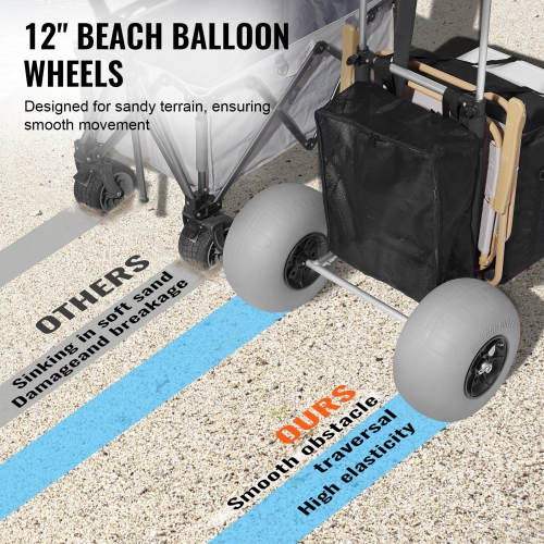 VEVOR Beach Dolly with Big Wheels for Sand, 29.9" x 15.4" Cargo Deck, w/ 12" Balloon Wheels, 165LBS Loading Capacity Folding Sand Cart & 27" to 44.7"