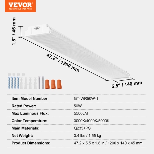 VEVOR 4FT LED Wraparound Light, 50W, 5500LM Flush Mount LED Shop Light, 3000K/4000K/5000K Adjustable LED Kitchen Ceiling Lighting Fixtures for Garage