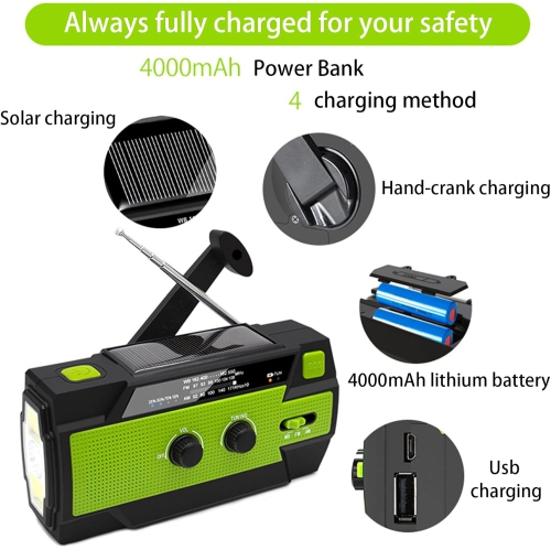 Emergency radio multi-function radio with flashlight hand crank radio, solar radio - green