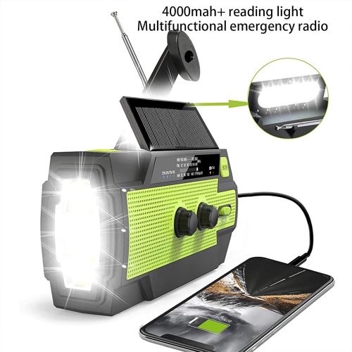 Emergency radio multi-function radio with flashlight hand crank radio, solar radio - green
