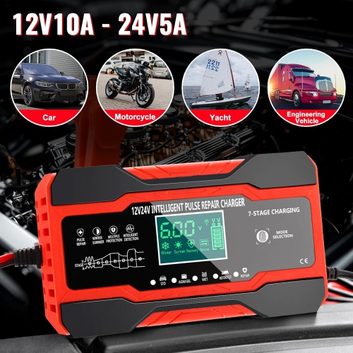 Chargeur de voiture 5 modes adaptés pour voiture et moto avec écran tactile LCD Protections multiples pour voiture et moto-rouge