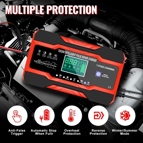 Chargeur de voiture 5 modes adaptés pour voiture et moto avec écran tactile LCD Protections multiples pour voiture et moto-rouge