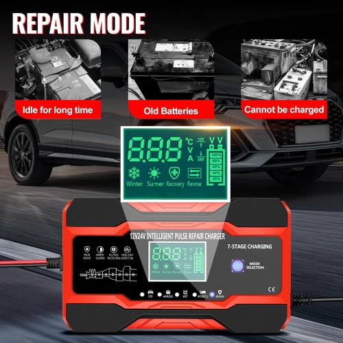 Chargeur de voiture 5 modes adaptés pour voiture et moto avec écran tactile LCD Protections multiples pour voiture et moto-rouge