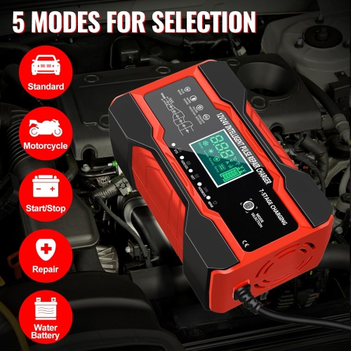 Chargeur de voiture 5 modes adaptés pour voiture et moto avec écran tactile LCD Protections multiples pour voiture et moto-rouge