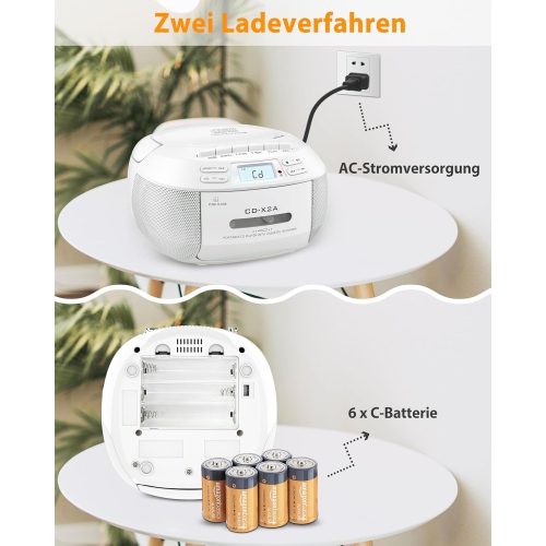 Lecteur de cassettes portatif stéréo Bluetooth AM/FM, lecteur CD/MP3, lecteur de cassettes - Blanc