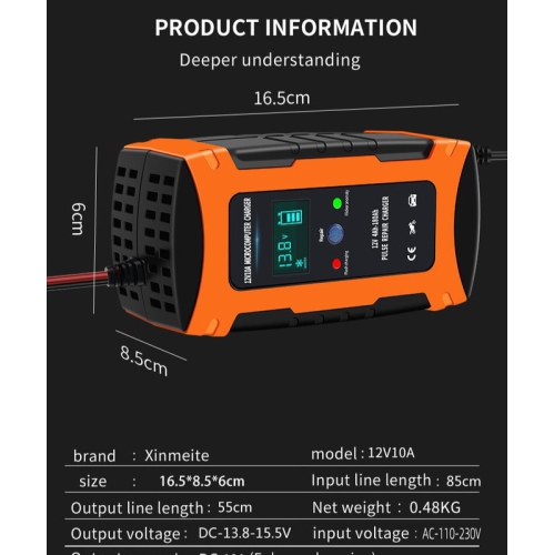 Chargeur de batterie portable 10 A de 12 V, chargeur de batterie de voiture, chargeur intelligent entièrement automatique, chargeur de