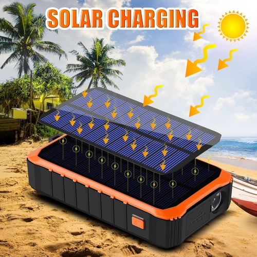 Chargeur solaire, générateur à manivelle 12000&nbsp;mAh Batterie externe avec deux sorties USB et lampe LED pour téléphones intelligents, camping,