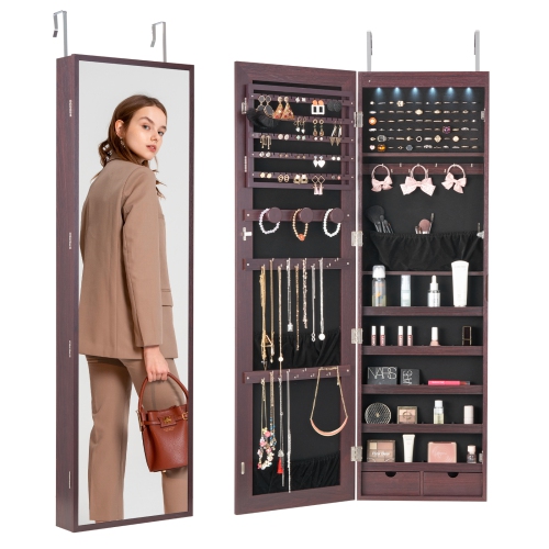 VEVOR  Mirror Jewelry Cabinet, 47.05-Inch Tall Lockable Jewelry Cabinet Armoire \w Full-Length Mirror, Wall Or Door Mounted \w Led Interior Lights