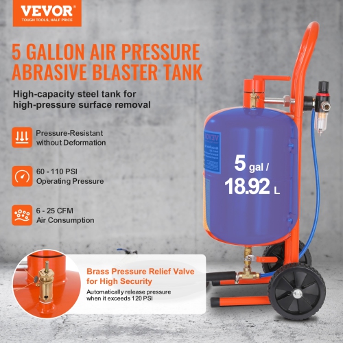VEVOR 5 Gallon Sand Blaster, 60-110 PSI High Pressure Sandblaster, Portable Abrasive Blasting Tank, Air Sand Blasting Kit with 4 Ceramic Nozzles and