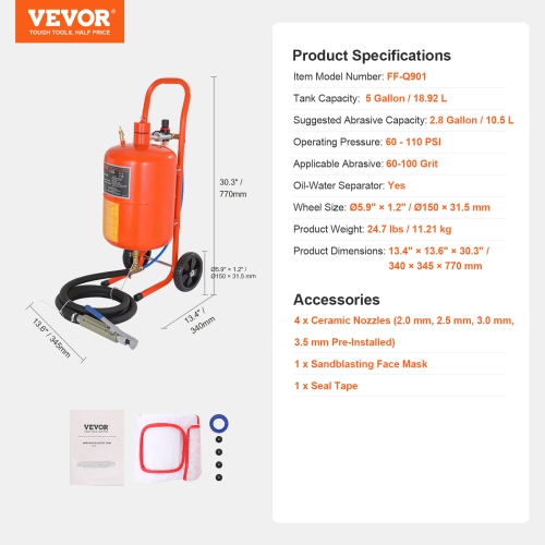 VEVOR 5 Gallon Sand Blaster, 60-110 PSI High Pressure Sandblaster, Portable Abrasive Blasting Tank, Air Sand Blasting Kit with 4 Ceramic Nozzles and