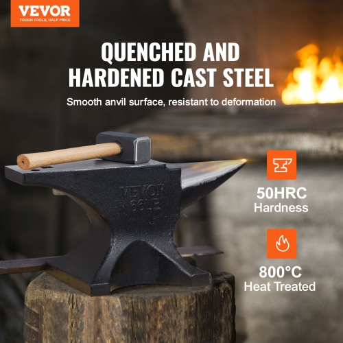 VEVOR Single Horn Anvil, 66Lbs Cast Steel Anvil, High Hardness Rugged Round Horn Anvil Blacksmith, with Round and Square Hole, Large Countertop and