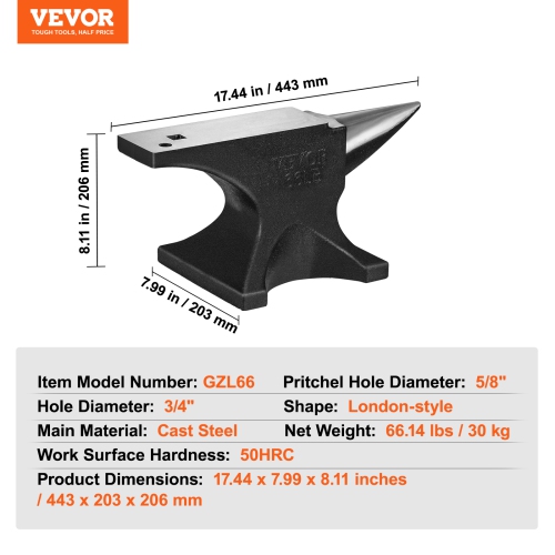 VEVOR Single Horn Anvil, 66Lbs Cast Steel Anvil, High Hardness Rugged Round Horn Anvil Blacksmith, with Round and Square Hole, Large Countertop and