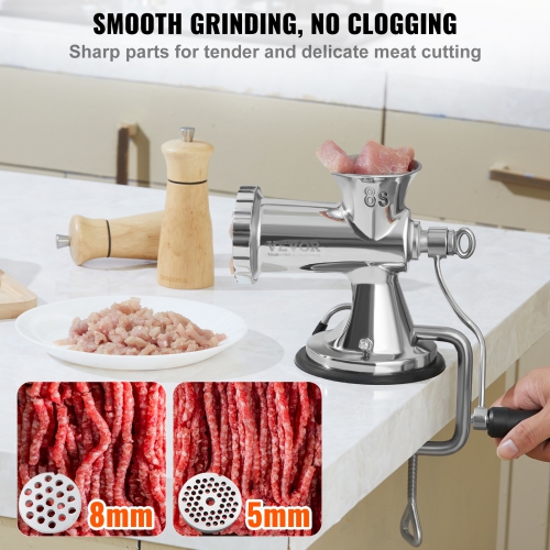 VEVOR Manual Meat Grinder, 304 Stainless Steel Hand Meat Grinder with Suction Cup + Steel Table Clamp, Meat Mincer Sausage Maker & 2 Cutting Plates,
