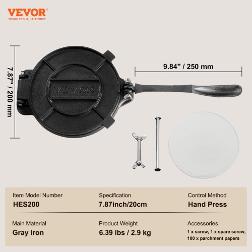 VEVOR 8 Inch Tortilla Press, Tortilla and Roti Maker, Cast Iron Heavy Duty Tortilladora Press, Pre-Seasoned Pataconera Maker with 100 Pcs Parchment
