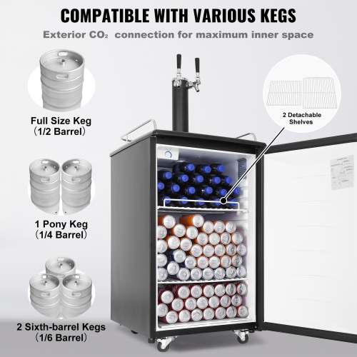 VEVOR Beer Kegerator, Dual Tap Draft, Full Size Keg Refrigerator with CO2 Cylinder, Shelves, Drip Tray & Rail, 32°F- 50°F Temperature Control, Hold
