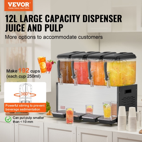 VEVOR 4 Tanks Commercial Beverage Dispenser, 12L / 12.7QT Per Tank Juice Dispenser, 510W Stainless Steel Ice Tea Drink Machine with 45°F-54°F Cooling
