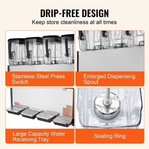 VEVOR 4 Tanks Commercial Beverage Dispenser, 12L / 12.7QT Per Tank Juice Dispenser, 510W Stainless Steel Ice Tea Drink Machine with 45°F-54°F Cooling