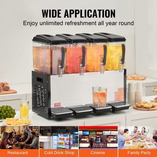 VEVOR 4 Tanks Commercial Beverage Dispenser, 12L / 12.7QT Per Tank Juice Dispenser, 510W Stainless Steel Ice Tea Drink Machine with 45°F-54°F Cooling