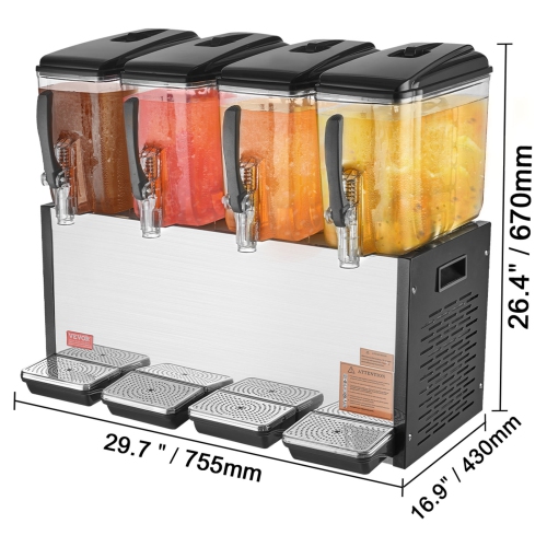 VEVOR 4 Tanks Commercial Beverage Dispenser, 12L / 12.7QT Per Tank Juice Dispenser, 510W Stainless Steel Ice Tea Drink Machine with 45°F-54°F Cooling