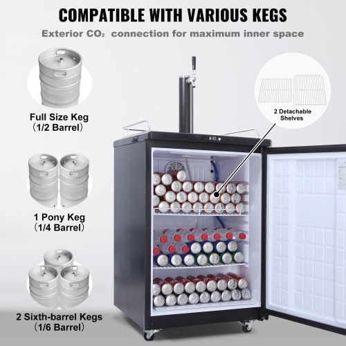 VEVOR Beer Kegerator, Single Tap Draft, Full Size Keg Refrigerator With CO2 Cylinder, Drip Tray & Rail, 32°F- 75.2°F Temperature Control, Holds 1/6,