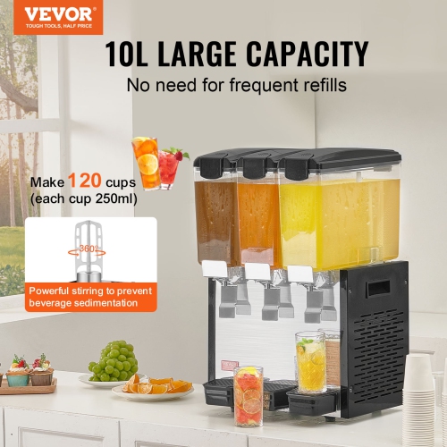 VEVOR 3 Tanks Commercial Beverage Dispenser, 10L / 10.6QT Per Tank Juice Dispenser, 440W Stainless Steel Ice Tea Drink Machine with 45°F-54°F Cooling