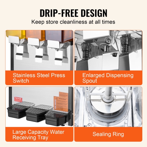 VEVOR 3 Tanks Commercial Beverage Dispenser, 10L / 10.6QT Per Tank Juice Dispenser, 440W Stainless Steel Ice Tea Drink Machine with 45°F-54°F Cooling