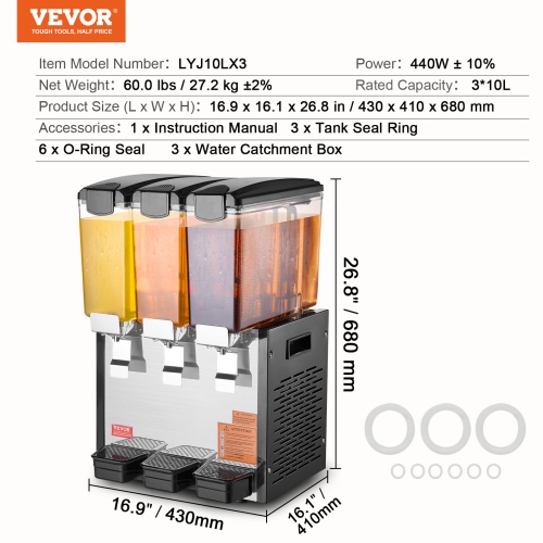 VEVOR 3 Tanks Commercial Beverage Dispenser, 10L / 10.6QT Per Tank Juice Dispenser, 440W Stainless Steel Ice Tea Drink Machine with 45°F-54°F Cooling