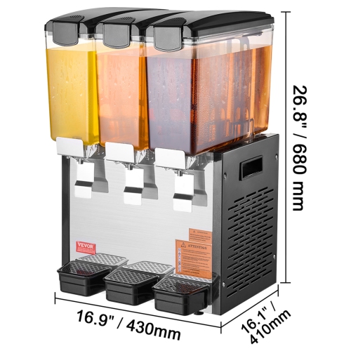 VEVOR 3 Tanks Commercial Beverage Dispenser, 10L / 10.6QT Per Tank Juice Dispenser, 440W Stainless Steel Ice Tea Drink Machine with 45°F-54°F Cooling