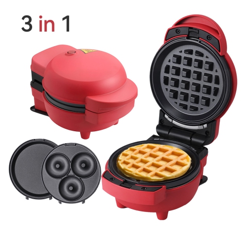 Red 3-in-1 Interchangeable Baking Plate, Mini Waffle Maker - Multi-Function, Fast Heating, Various Cooking Functions, Easy Cleaning, Mini Bread Maker