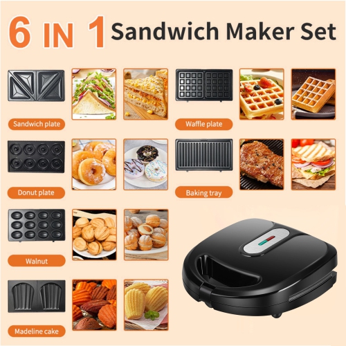 6-in-1 breakfast machine with removable tray - 750W double-sided heating for waffles, sandwiches and donuts - compact and portable, dishwasher safe