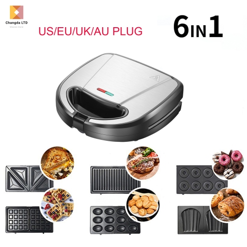 6-in-1 breakfast machine with removable tray - 750W double-sided heating for waffles, sandwiches and donuts - compact and portable, dishwasher safe
