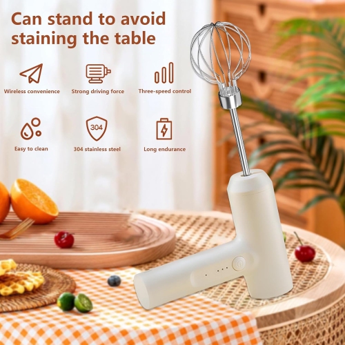 White Electric Mini Blender - USB rechargeable, cordless blender for cakes, butter and salads, 3 speeds, 2000 mAh battery, long battery life