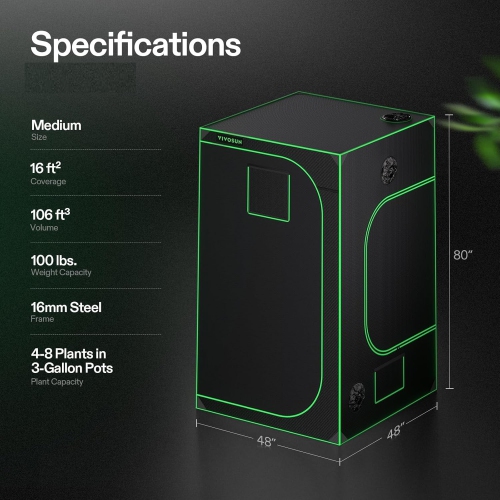 Tente de culture 4x4, 48 x 48 x 80 po en Mylar réfléchissant avec fenêtre d'observation et plateau de plancher pour plantes d'intérieur