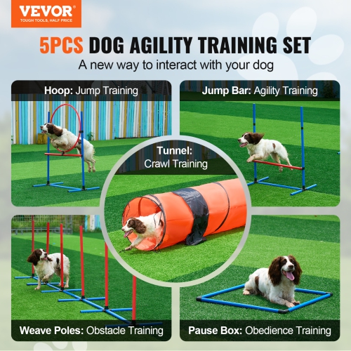 VEVOR 5 PCS Dog Agility Training Equipment, Set Upgrade with Adjustable High Hurdles,6 Weave Poles,Extended Tunnel,Jump Ring,Pause Box, Foldable