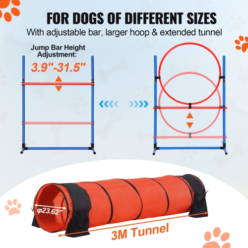 VEVOR 5 PCS Dog Agility Training Equipment, Set Upgrade with Adjustable High Hurdles,6 Weave Poles,Extended Tunnel,Jump Ring,Pause Box, Foldable