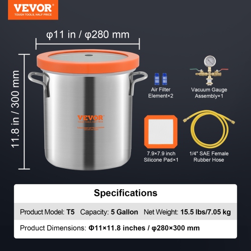 VEVOR 5 Gallon Vacuum Chamber, Upgraded Tempered Glass Lid Vacuum Degassing Chamber, 304 Stainless Steel Chamber, for Stabilizing Wood, Resin