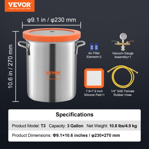 VEVOR 3 Gallon Vacuum Chamber, Upgraded Tempered Glass Lid Vacuum Degassing Chamber, 304 Stainless Steel Chamber, for Stabilizing Wood, Resin