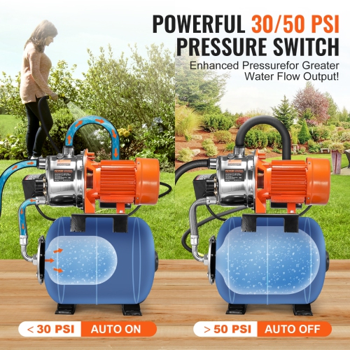 VEVOR 1.6 HP Shallow Well Pump with Pressure Tank, 1320 GPH, Automatic Irrigation Water Booster Pump with 30/50 PSI Pressure Switch, NSF
