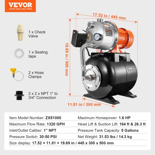 VEVOR 1.6 HP Shallow Well Pump with Pressure Tank, 1320 GPH, Automatic Irrigation Water Booster Pump with 30/50 PSI Pressure Switch, NSF