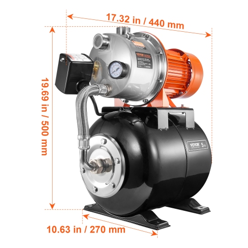 VEVOR 1.6 HP Shallow Well Pump with Pressure Tank, 1320 GPH, Automatic Irrigation Water Booster Pump with 30/50 PSI Pressure Switch, NSF