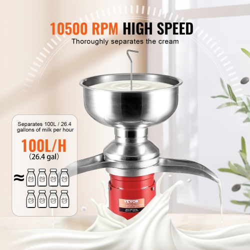 VEVOR 30W Milk Cream Centrifugal Separator, 304 Stainless Steel Electric Cream Separators, 100L/H Output 10500RPM Goat Milk Separator, Milk Skimmer