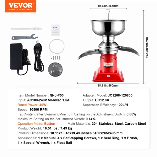 VEVOR 30W Milk Cream Centrifugal Separator, 304 Stainless Steel Electric Cream Separators, 100L/H Output 10500RPM Goat Milk Separator, Milk Skimmer