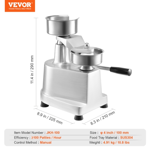 VEVOR 100mm/4inch Commercial Burger Patty Maker, Hamburger Beef Patty Maker, Heavy Duty Food-Grade Stainless Steel Bowl Burger Press Machine, with