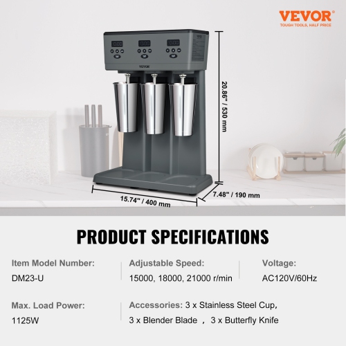 VEVOR 375W x 3 Milkshake Maker, Electric Milkshake Machine, Commercial Triple Heads Drink Mixer Blender, LED Intelligent Microswitch, 3-Speed